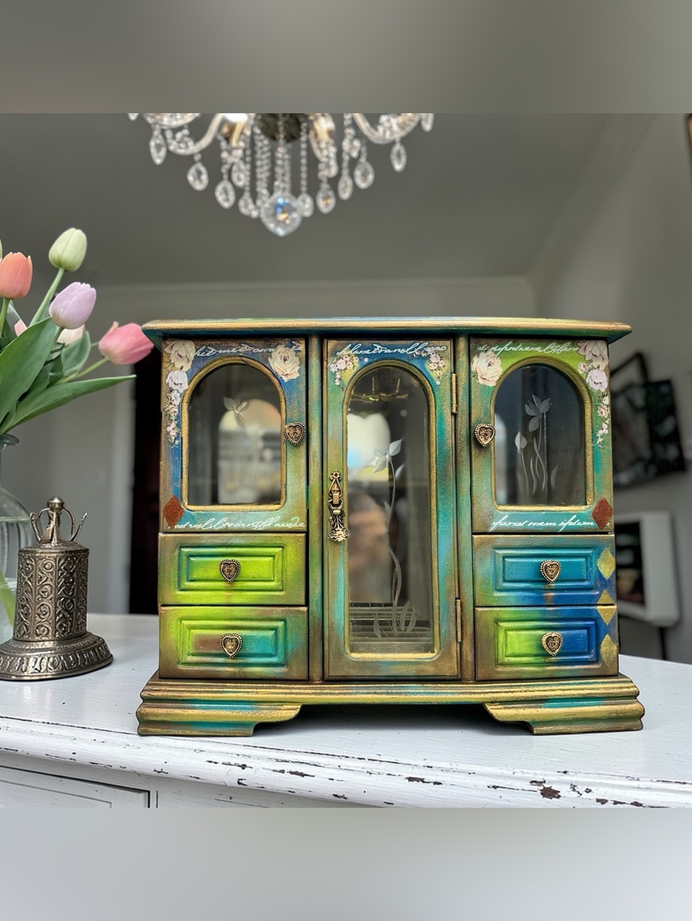 Hand-Painted Wooden Jewelry Armoire in Green, Blue, Yellow and Gold